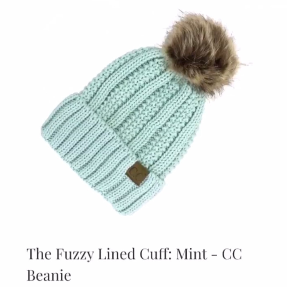 C.C beanie with pom in mint the fuzzy lined cuff - fall and winter hats